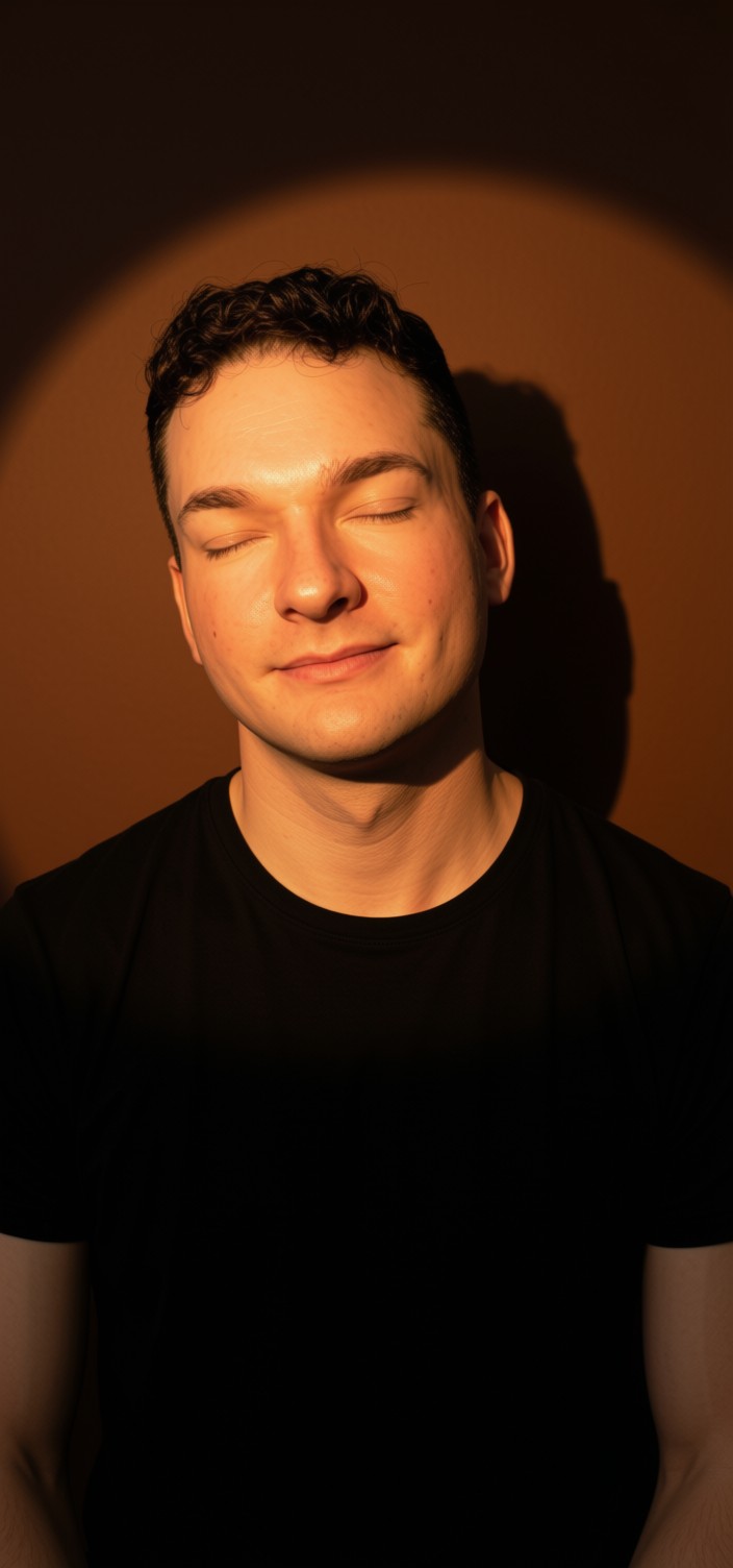 Chase, eyes closed in warm studio light